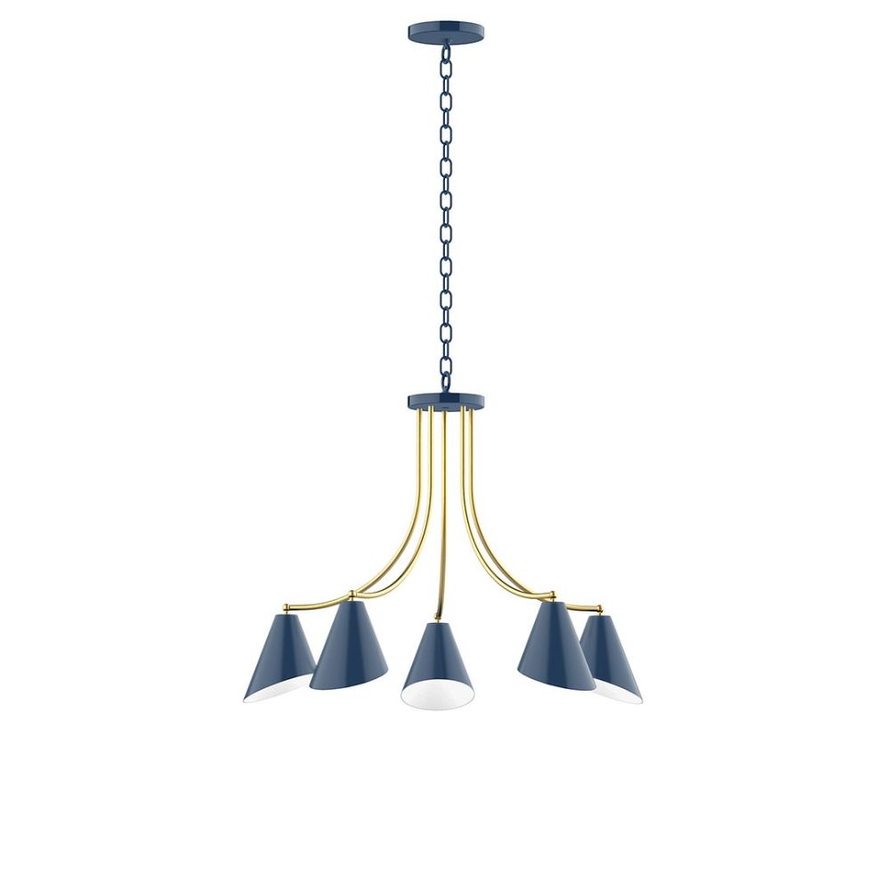 Montclair Lightworks CHN415-50-91-L10 5-Light J-Series Chandelier, Navy with Brushed Brass Accents